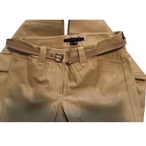 Theory Tan Leather Pants US 4 Fully Lined Belted Mid Rise Luxury $895 Retail